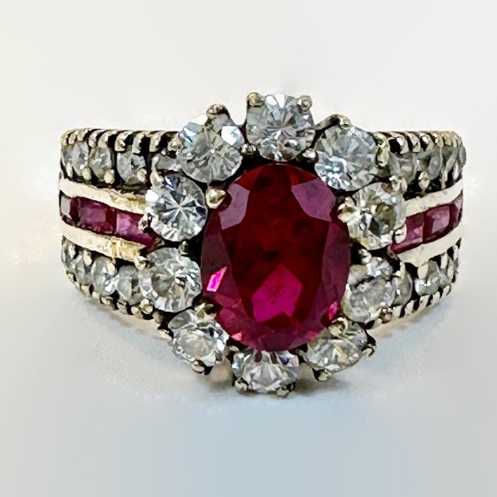 Vintage Sterling Silver Ruby Ring: CZ Accents, Gold Vermeil